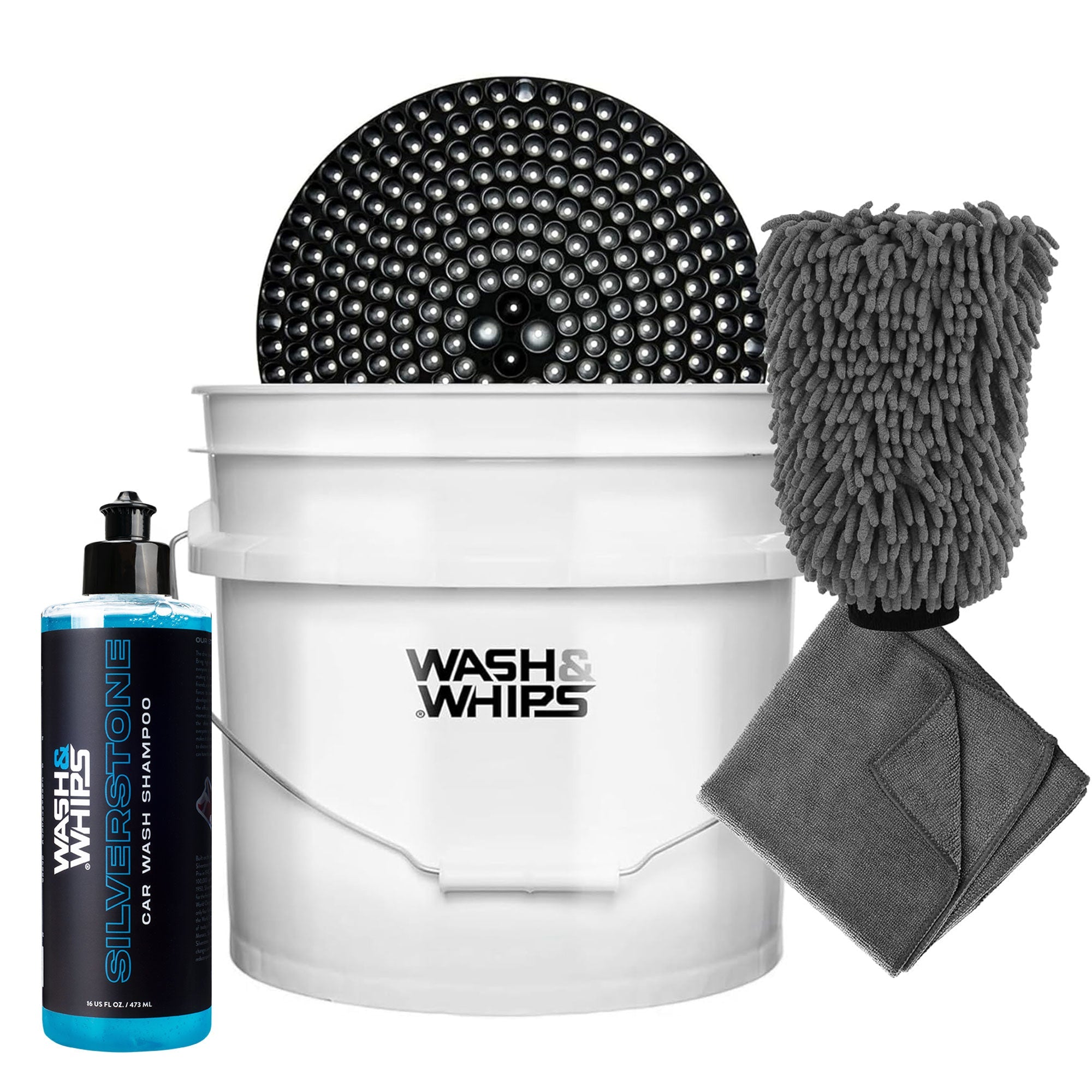 WASH & WHIPS Car Wash Kit - 3-Gallon Bucket with Particle Interceptor Trap, Shampoo, Chenille Mitt & Microfiber Soft Towel, 5pcs official supplier product photo